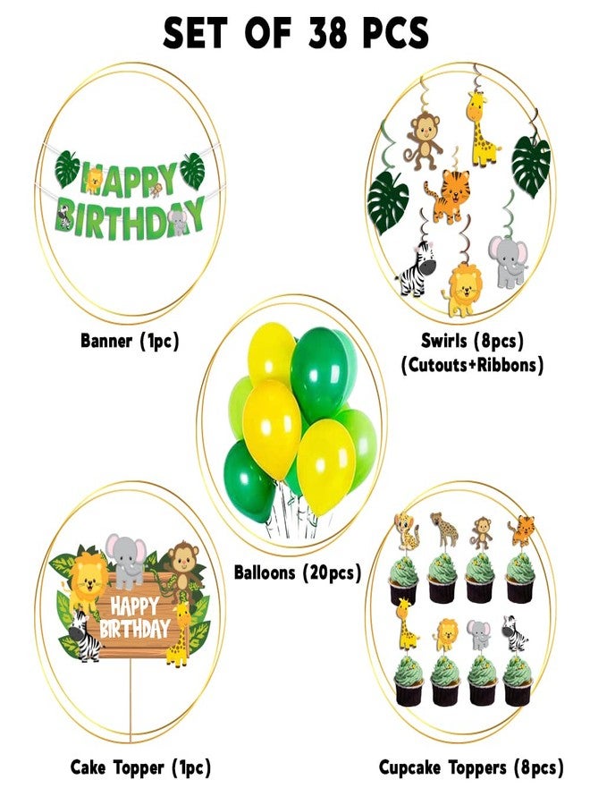 Festiko® Jungle Theme Birthday Decoration Combo (38 Pcs) - Includes Banner with Ribbon, 20 Balloons, Cake & Cupcake Toppers, Swirl Cutouts - Safari Theme Party Decor for Kids & 1st Birthday - Image 2